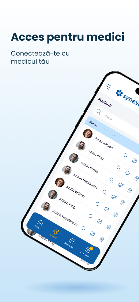 MySynevo - MySynevo app interface showing doctor access and a list of managed patients