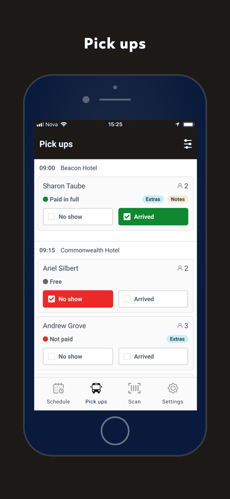Bokun - Bokun mobile app interface displaying a passenger pick up list with guest status options like Arrived and No show.