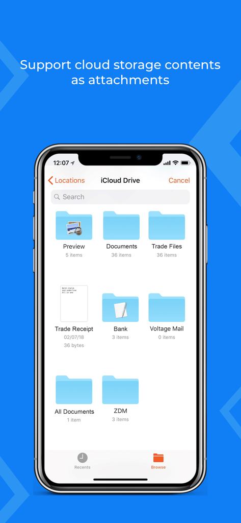 Voltage Mail app showing iCloud Drive integration to add secure cloud storage files as email attachments.