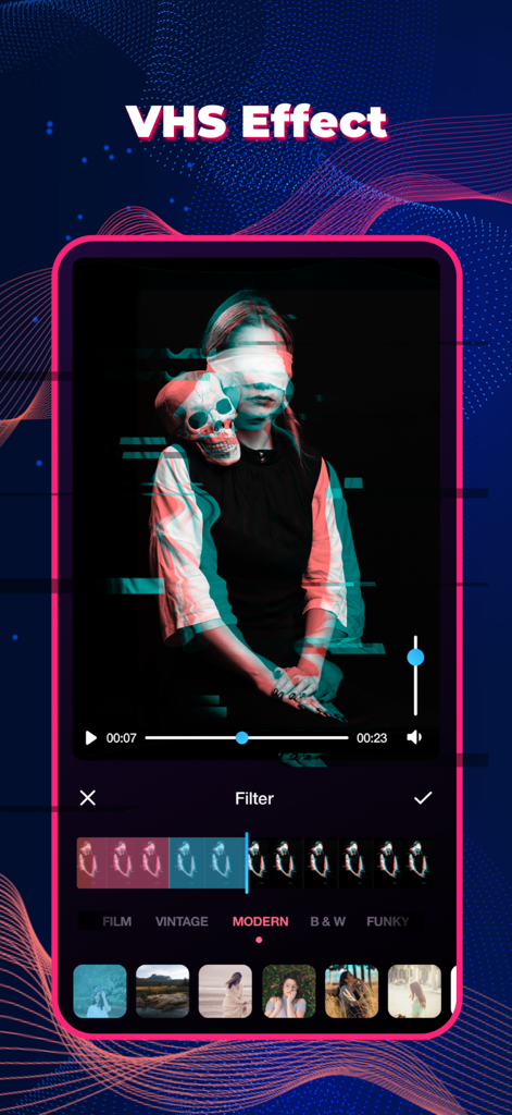 Video editing interface showing a VHS glitch effect filter applied to a creative video clip with various filter categories like vintage and modern.
