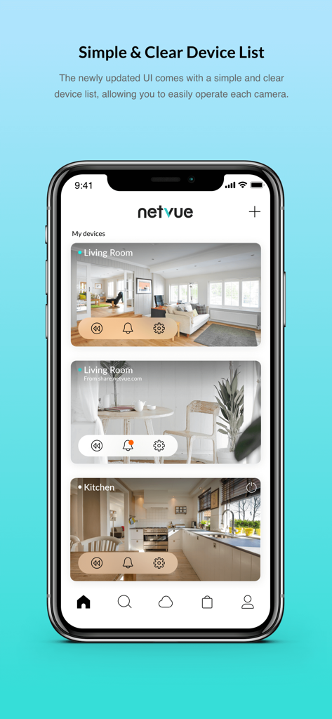 Interface do aplicativo Netvue mostrando uma lista de câmeras inteligentes conectadas com pré-visualizações ao vivo das áreas da sala de estar e cozinha