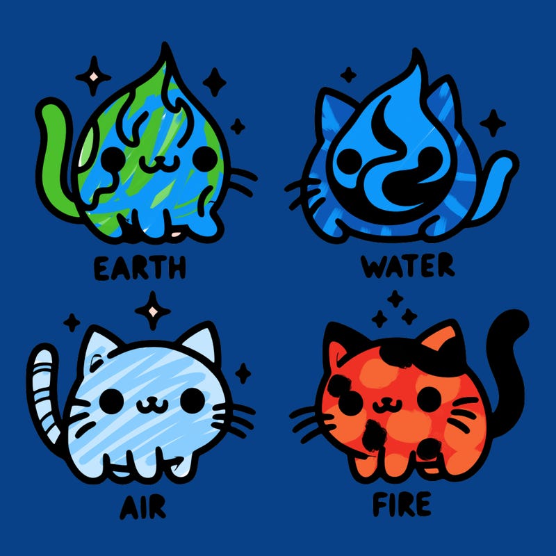 4 cats that represent the different elements, earth, water, air, and fire