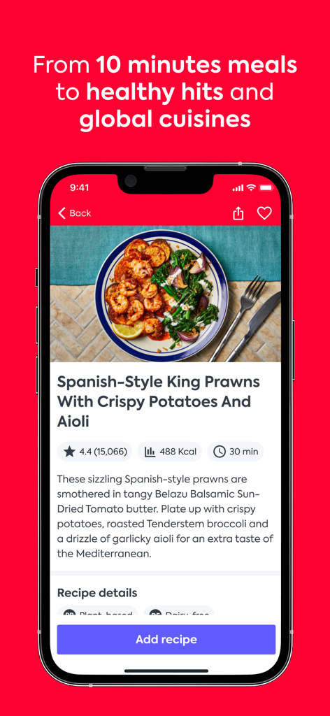 Mobile screen of the Gousto app displaying a recipe for Spanish-Style King Prawns including calories and preparation time
