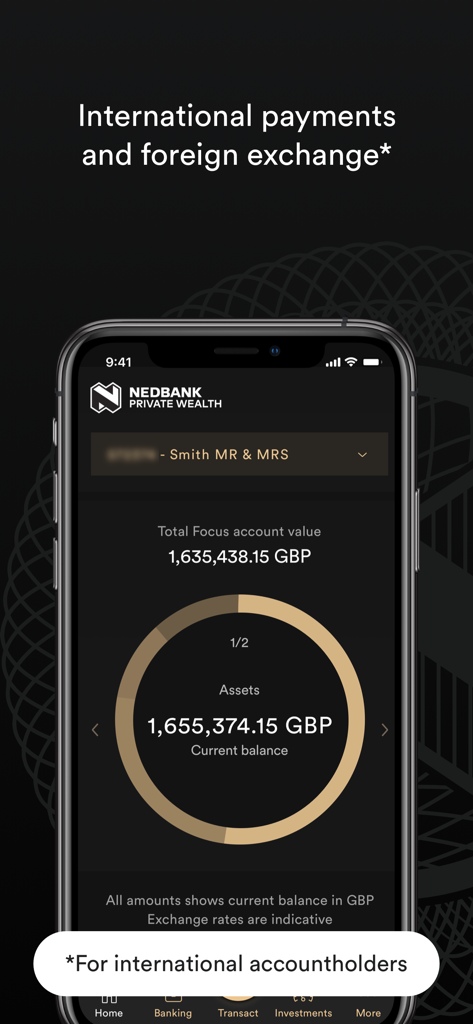 Nedbank Private Wealth app interface showing total account value in British Pounds and international payment features