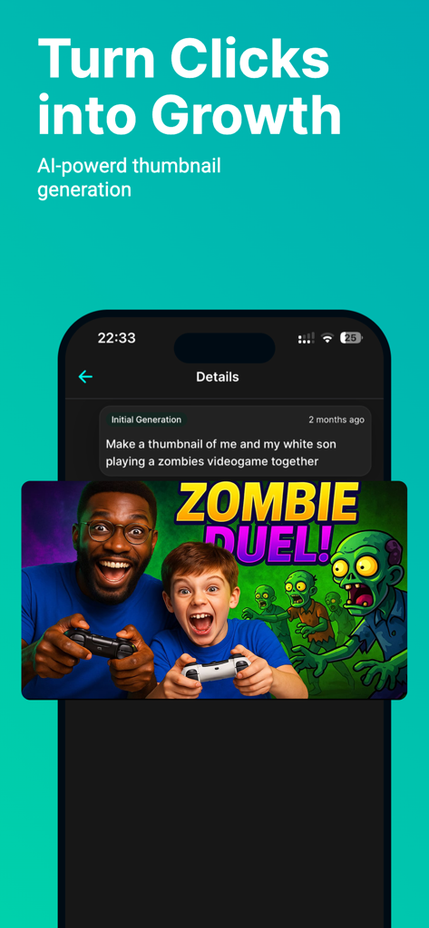 Viralth : Ai Thumbnail Maker - Una interfaz de aplicación móvil que muestra una miniatura de videojuego de YouTube generada por IA con un padre e hijo jugando un videojuego de zombis