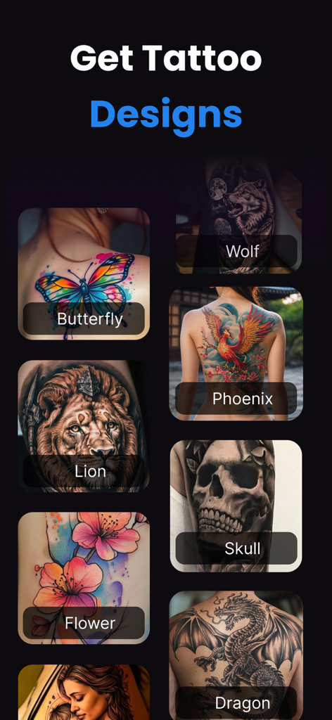 AI Tattoo Design - Name Tattoo - Mobile app screen showing various tattoo categories including butterfly wolf and phoenix designs