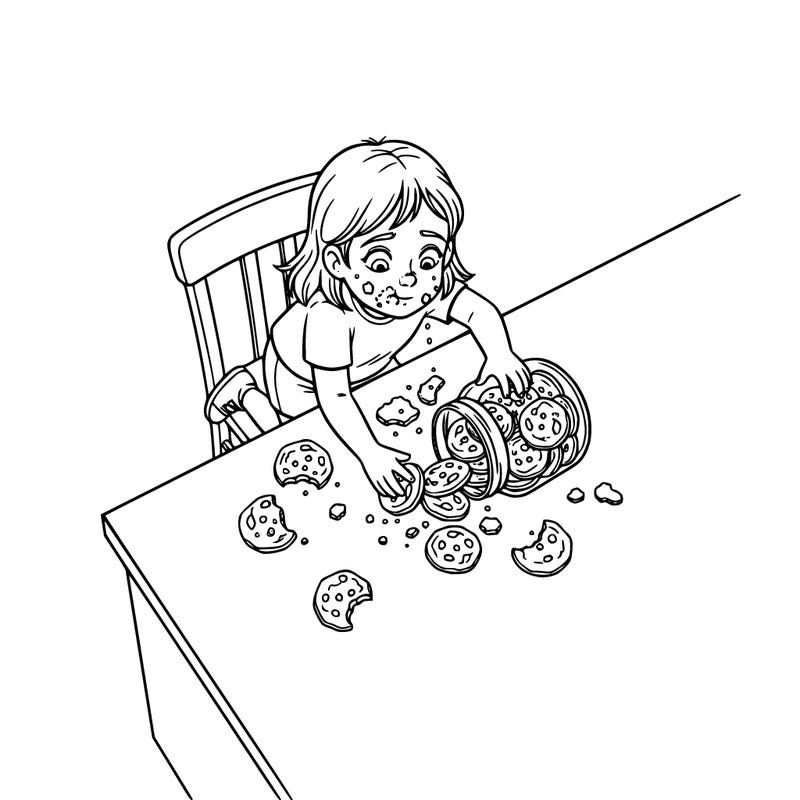 girl spying on cookies but eats them