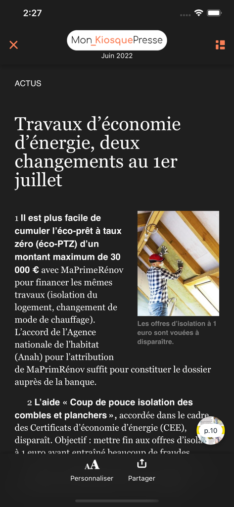 Mon Kiosque Presse - Reading a French news article about energy savings on the Mon Kiosque Presse app mobile interface.