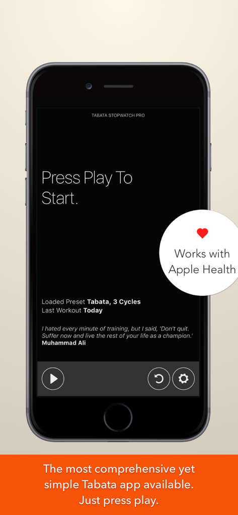 Tabata Stopwatch Pro app interface on iPhone showing start screen and Apple Health integration