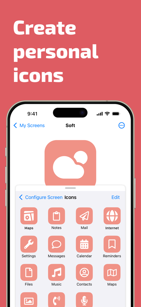A mobile app interface displaying a collection of customized pink aesthetic icons for various applications