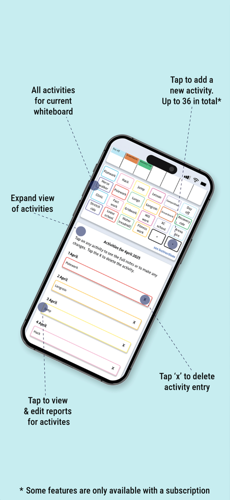 Equiniser - A mobile interface for Equiniser showing a digital whiteboard of horse activities and a daily log of training sessions like polework and hacking.