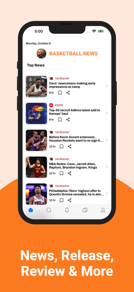Basketball News & Scores - 농구 뉴스 및 점수 모바일 앱의 상단 뉴스 피드로 NBA 헤드라인과 소스를 보여줍니다.