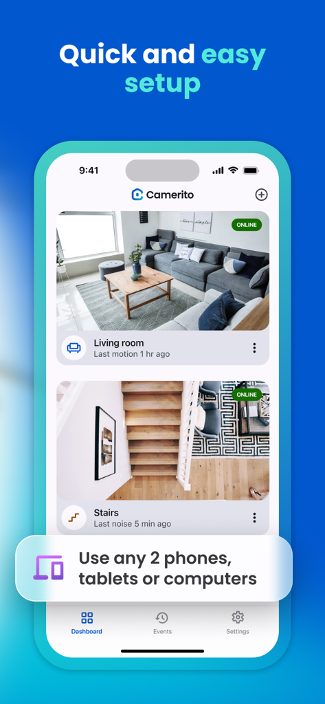 Smartphone-Bildschirm zeigt das Dashboard der Camerito-Sicherheitskamera-App mit Live-Ansichten des Hauses.