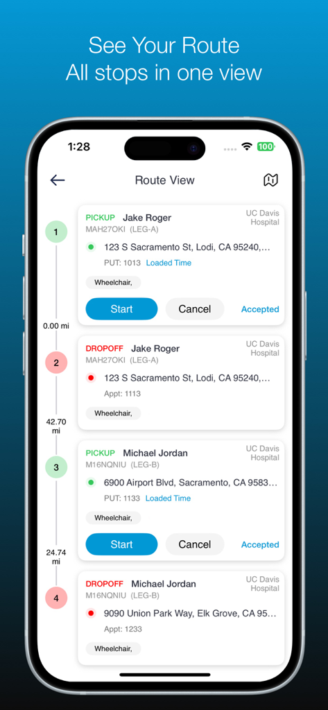 NEMT Max - Mobile screenshot of the NEMT Max app showing a driver route with multiple patient pickup and drop-off stops