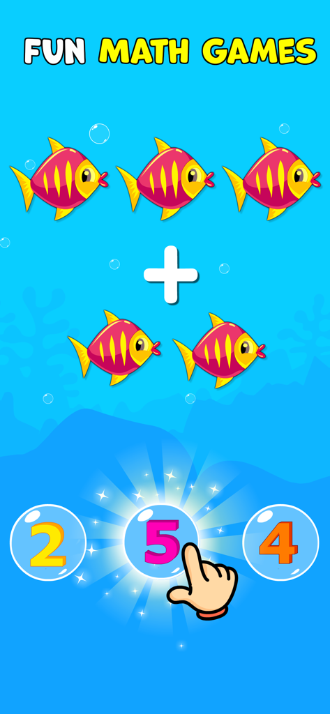 Educational math game for kids showing an addition problem with colorful fish in an underwater setting