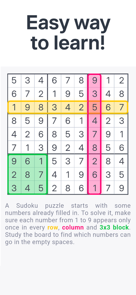 Sudoku Classic Offline Puzzle - Pantalla de tutorial de Sudoku que muestra las reglas para filas, columnas y bloques de 3x3.