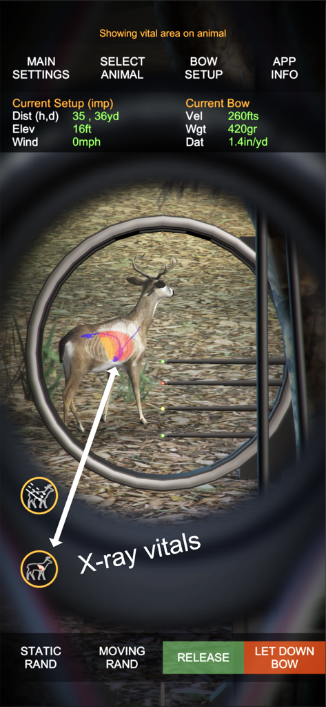 Technical bow hunting simulator displaying whitetail deer anatomy and vitals through a bow sight
