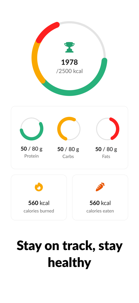Fitness app dashboard displaying daily calorie progress and macronutrient breakdown for protein carbs and fats