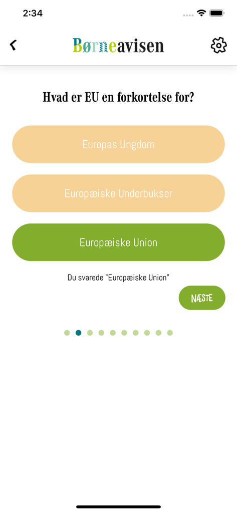 Børneavisen app screenshot showing a multiple choice quiz question for kids