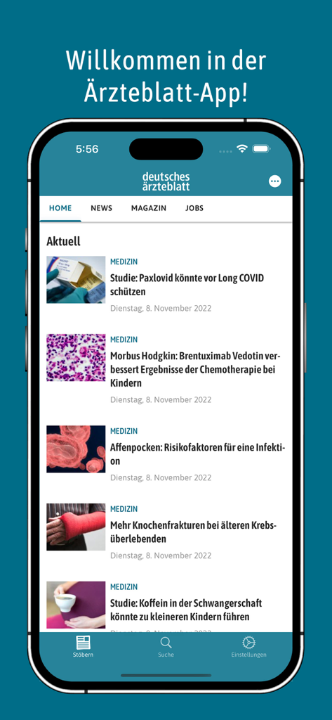 Deutsches Ärzteblatt - Startbildschirm der Deutsches Ärzteblatt App mit aktuellen medizinischen Nachrichten und klinischen Forschungsartikeln