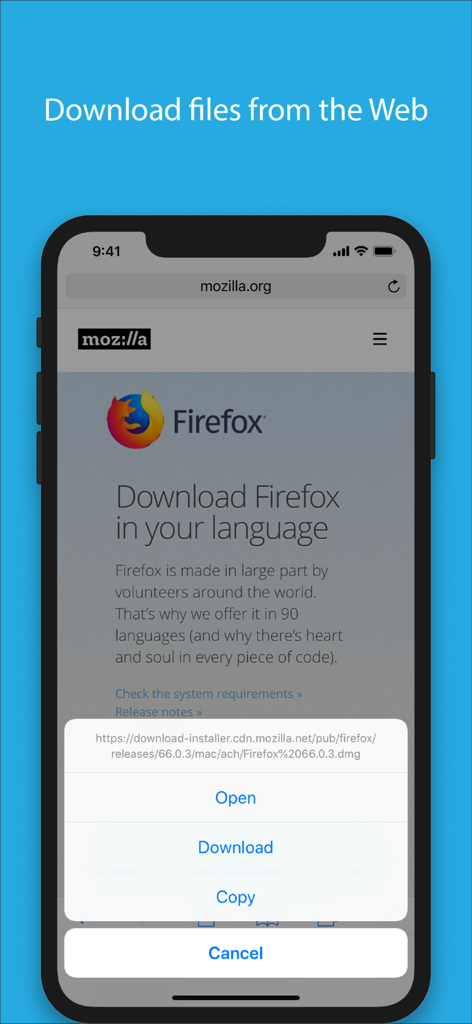 Captura de tela do iPhone mostrando um navegador móvel com um prompt de download para um arquivo da web