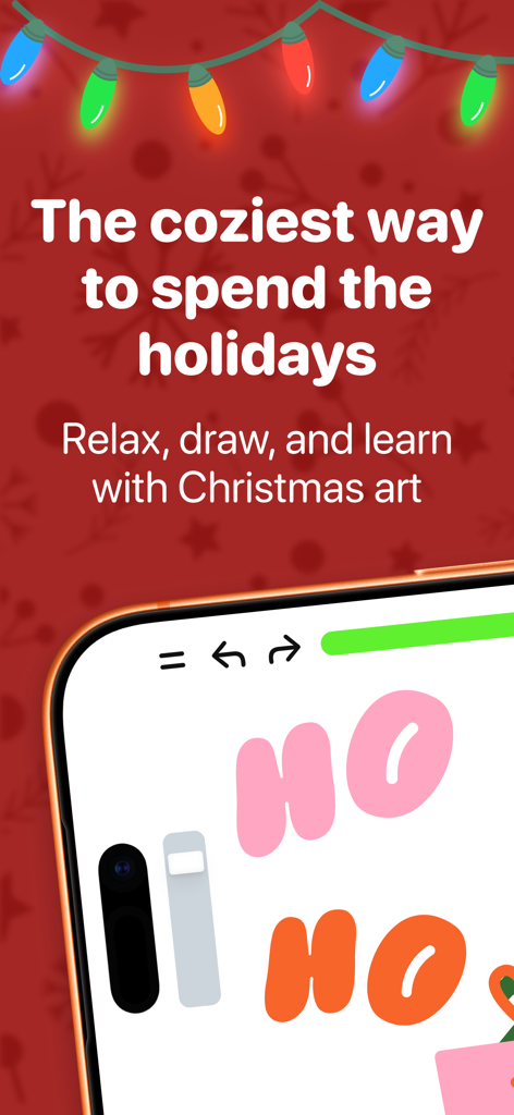 ArtWorkout: Learn How to Draw - ArtWorkout app interface showing a festive Christmas drawing lesson with holiday lights and ho ho text.