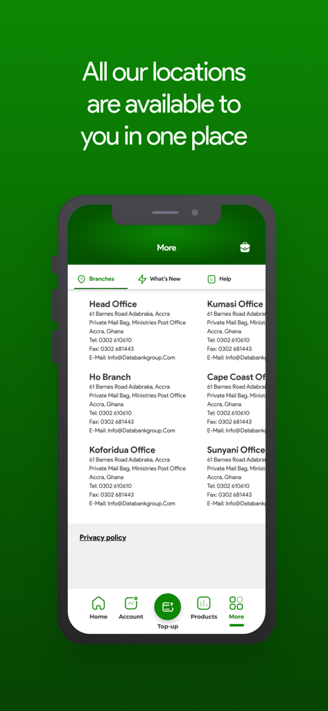 Mobile screen showing physical branch office locations and contact details in the Databank Group app.