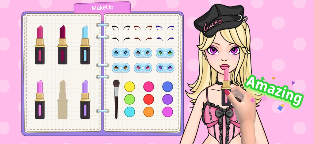 A paper doll character receiving a pink lipstick makeover within a digital DIY makeup kit interface