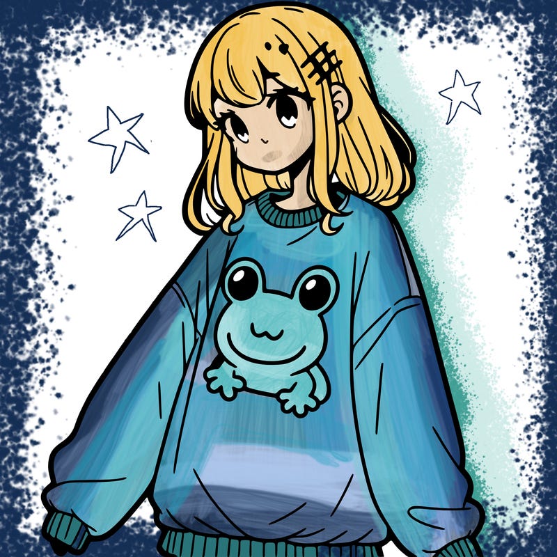 girl wearing frogging sweatshirt