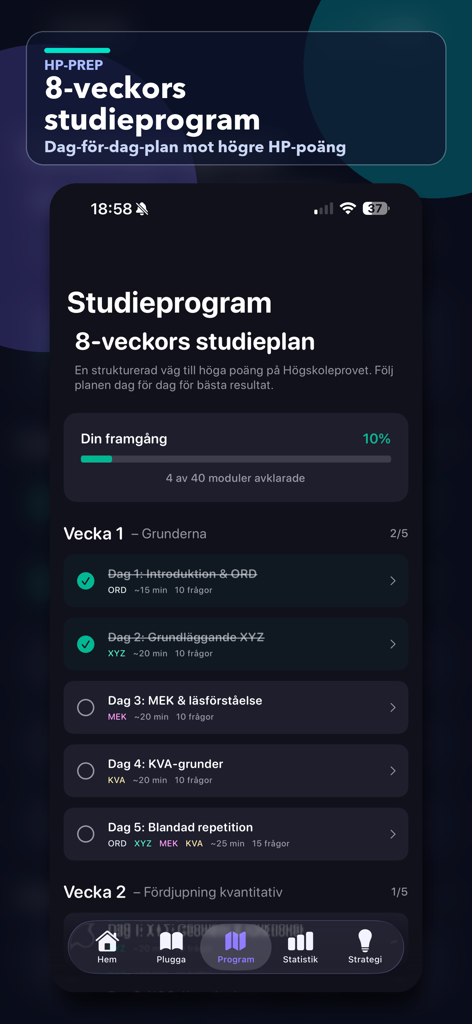 Högskoleprovet - HP prep - Interface of the HP prep app showing an 8-week study program with a progress bar and daily lesson plan