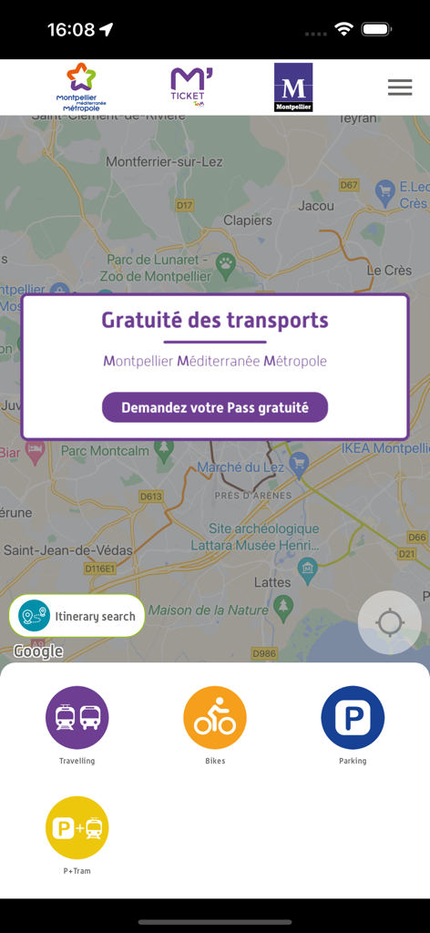 Interface de l'application M'Ticket montrant une carte de Montpellier avec des options de transport pour se déplacer, des vélos et le stationnement