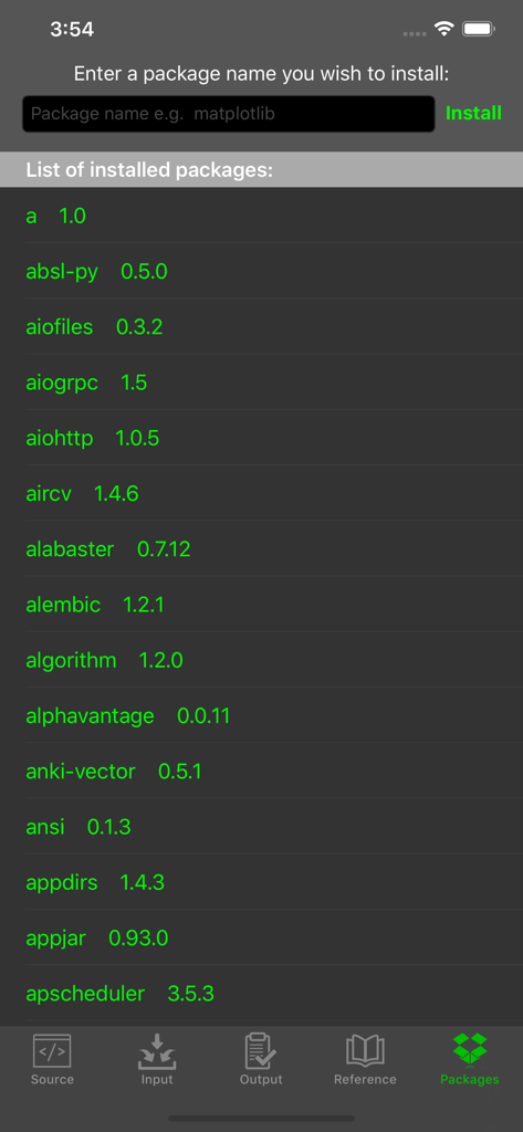 A screen in the Python Programming Interpreter app showing a list of installed packages and an input field to install new libraries like matplotlib