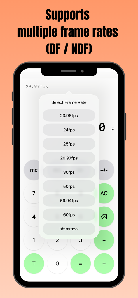 Smartphone screen showing the tcCalc app with a popup menu to select multiple frame rates including DF and NDF options.