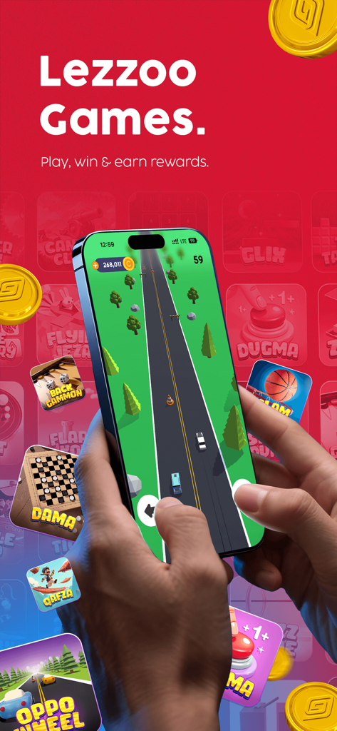 Lezzoo:Food & Grocery Delivery - A smartphone displaying a racing game within the Lezzoo Games feature where users can play and earn rewards