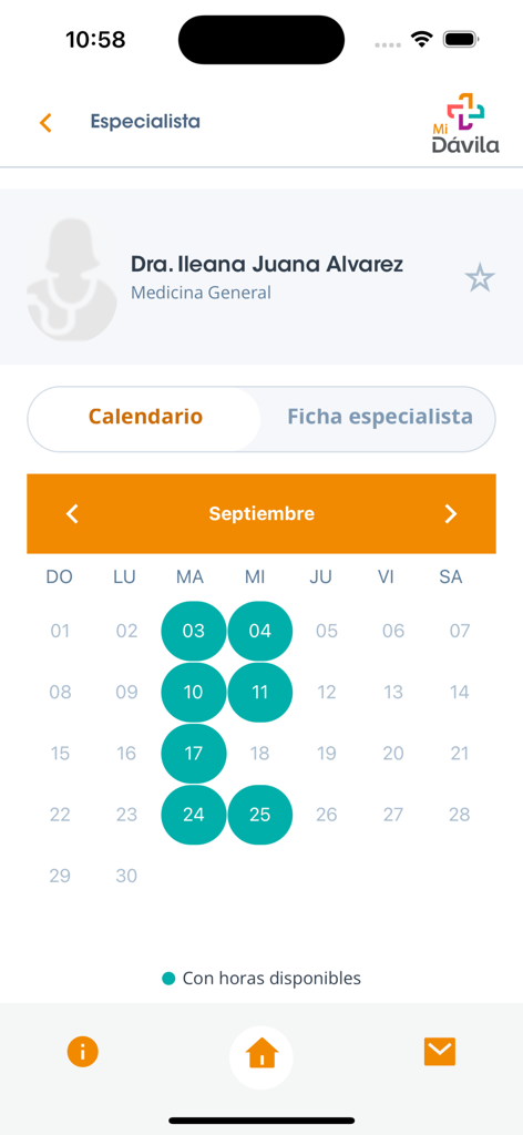 Mi Dávila - Profil du spécialiste et vue du calendrier des rendez-vous dans l'application Mi Davila montrant les dates disponibles pour septembre.