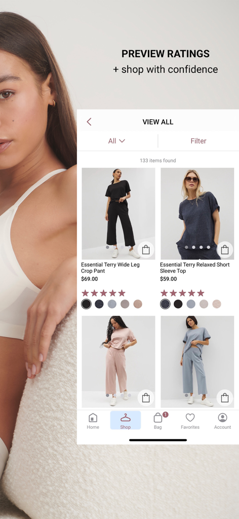 Tela do aplicativo Soma Intimates exibindo avaliações e classificações de produtos para conjuntos de loungewear femininos.