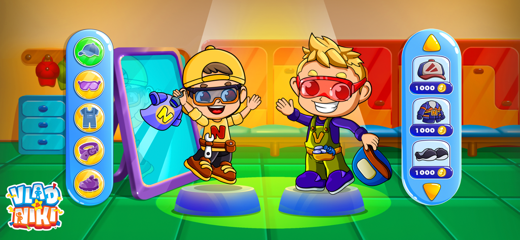 Die Figuren Vlad und Niki im Anziehmenü, die Mechaniker-Outfits und Accessoires auswählen