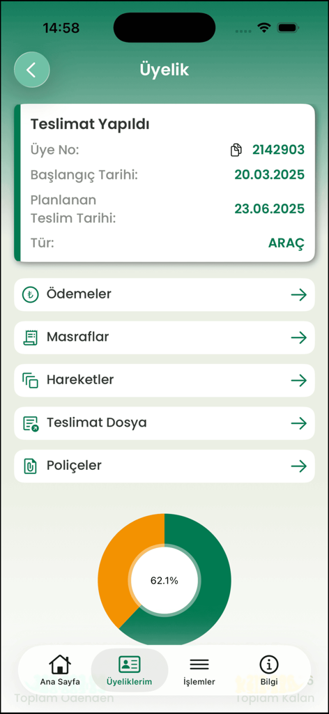 Eminevim mobile app dashboard showing membership details for a vehicle finance plan and savings progress chart