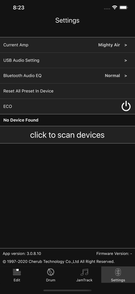Settings menu of the MightyAmp app showing Bluetooth audio options and a button to scan for devices.
