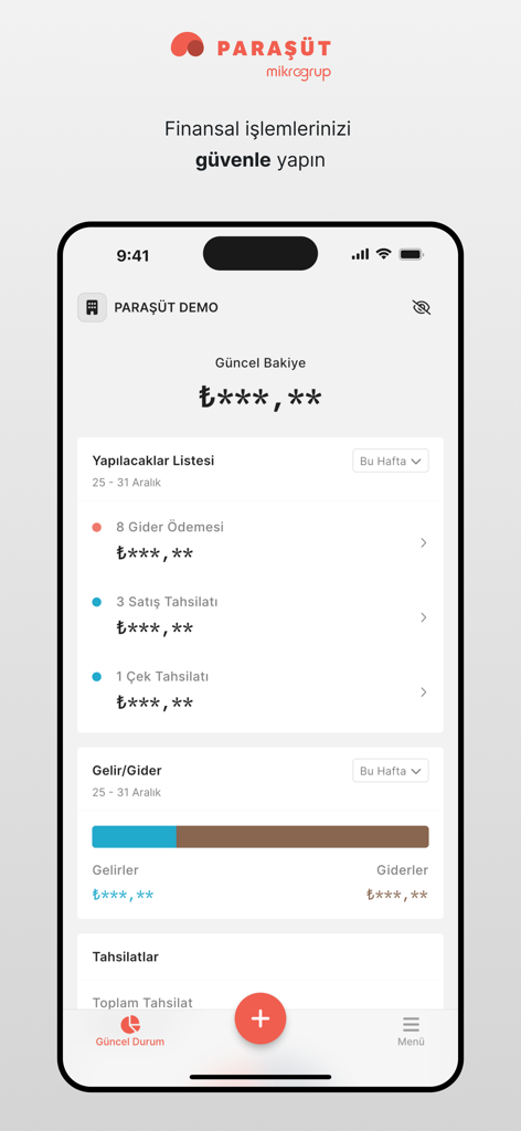 Parasut会計アプリのモバイルダッシュボード。現在の残高と財務タスクが表示されています。