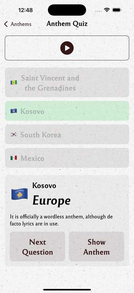 Anthem Quiz screen in the Anthems app showing the correct answer for Kosovo with flag and fun facts.