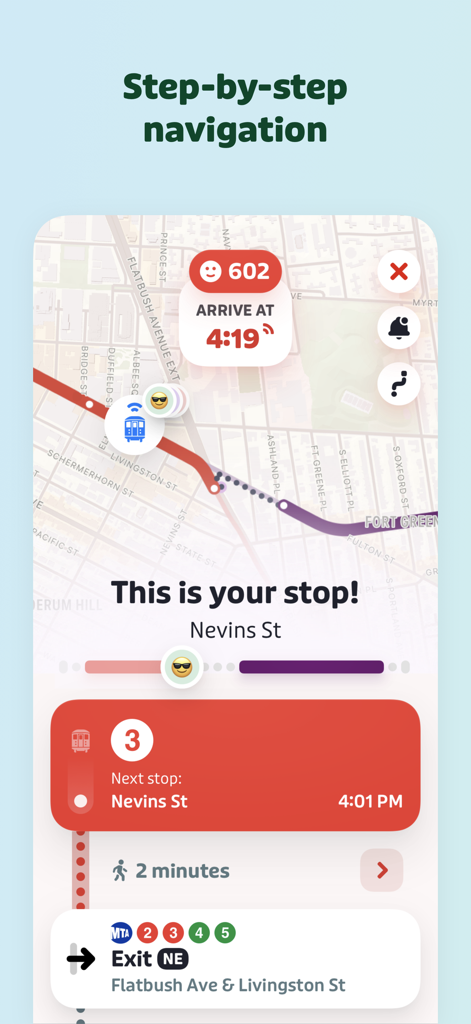 Interface de l'application Transit montrant la navigation étape par étape en temps réel et les heures d'arrivée du métro pour les navetteurs