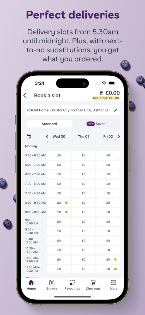 Ocado app screen showing available delivery time slots from early morning to late night