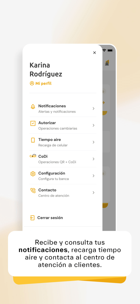 BASEinet - Una captura de pantalla del menú de la aplicación bancaria móvil BASEinet que muestra la configuración del perfil, notificaciones y opciones de contacto.