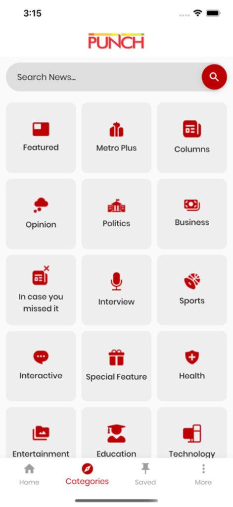 Punch News - The category selection screen of the Punch News app featuring sections like Politics, Business, Sports, and Entertainment.