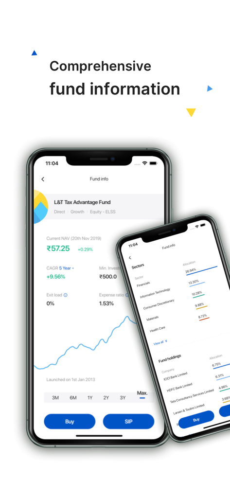 Coin by Zerodha app interface displaying detailed mutual fund information and sector holdings
