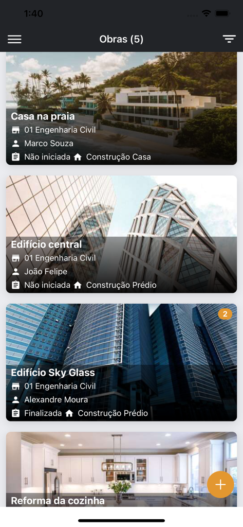 Obra Prima App - Obra Prima mobile app screen showing a list of different construction projects including residential and commercial buildings.