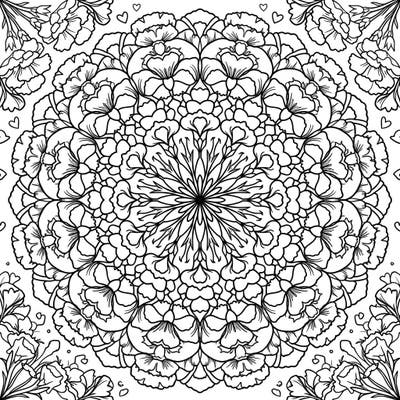 Unwind and find peace with this exquisite white carnation mandala coloring page, featuring a complex floral design radiating from its center. Perfect for adult colorists seeking a calming and intricate artistic escape.