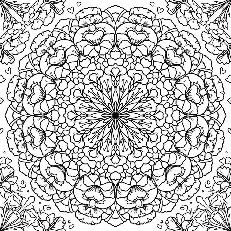 Unwind and find peace with this exquisite white carnation mandala coloring page, featuring a complex floral design radiating from its center. Perfect for adult colorists seeking a calming and intricate artistic escape.