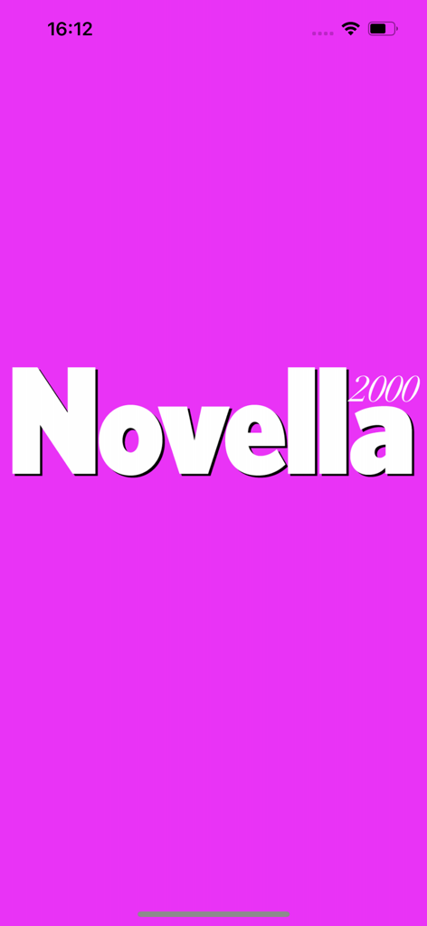 Novella 2000 - Digital - Novella 2000 app splash screen with white logo on pink background